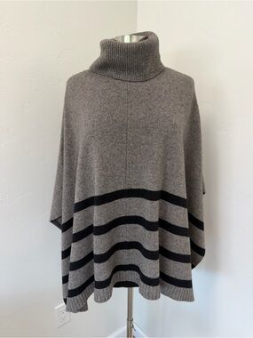 Eileen Fisher Yak Wool Blend Turtleneck Taupe with Black Stripes Poncho Size M/L